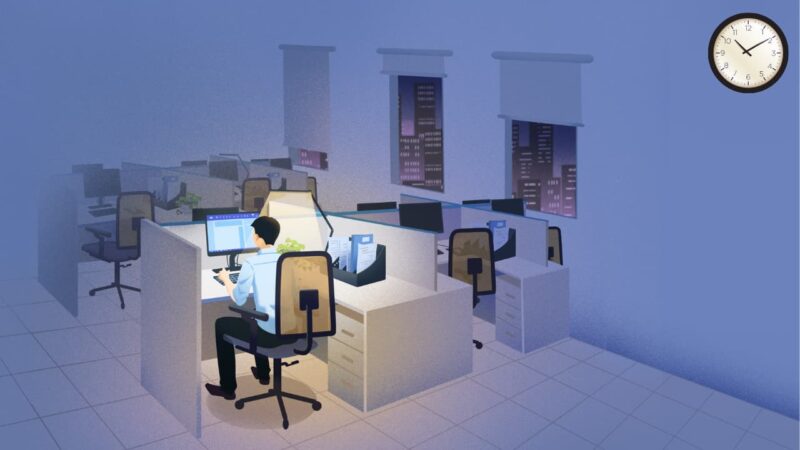 夜遅くまで残業する社員のイラスト